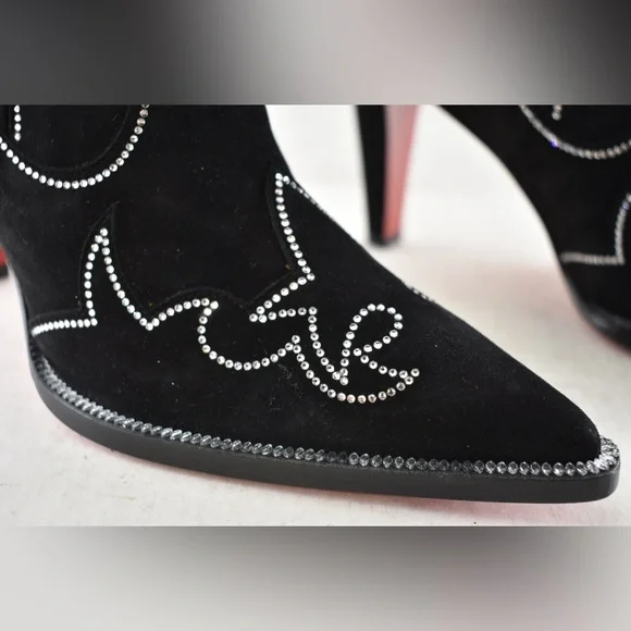 Christian Louboutin Santigag Strass 85 Black Suede Western Ankle Heel Boot 40 - Picture 6 of 16